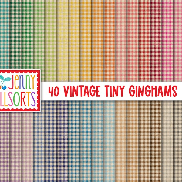 Vintage Tiny Gingham Digital Paper Pack - 40 kleuren, 1/6" in afdrukbare gingham 12x12 plakboekpapier, naadloze gingham digitale achtergronden