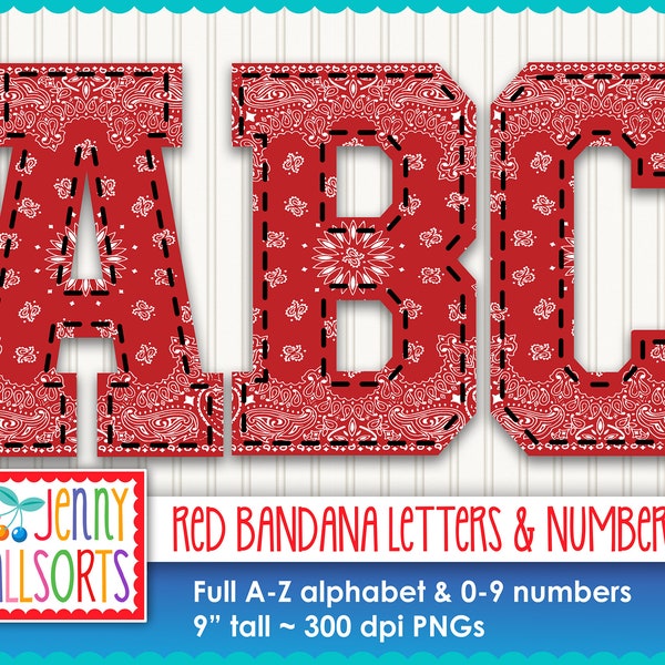 Red Bandana Letters & Numbers for sublimation or design, Stitch Bandana digital clipart, western cowboy scrapbook letters, varsity alphabet