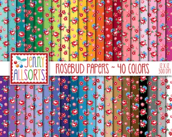 Rosebud Digital Design Paper Bundle - 40 colors seamless scattered rosebud pattern papers, printable paper pack, shabby chic backgrounds