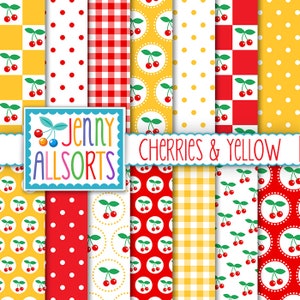 Digital Paper ~ Cherries & Yellow Scrapbook Pages, printable jpgs image files for digital backgrounds, graphic design instant download kit