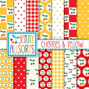 Digital Paper ~ Cherries & Yellow Scrapbook Pages, printable jpgs image files for digital backgrounds, graphic design instant download kit