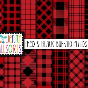 Red & Black Digital Plaids Scrapbook Papers - red buffalo checks, gingham digital scrapbooking, woodsy country Christmas cabin background