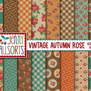 Vintage Digital Paper Autumn Rose - shabby worn Fall color patterns, teal orange gold & brown, autumn digital background Thanksgiving papers