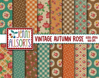 Vintage Digital Paper Autumn Rose - shabby worn Fall color patterns, teal orange gold & brown, autumn digital background Thanksgiving papers
