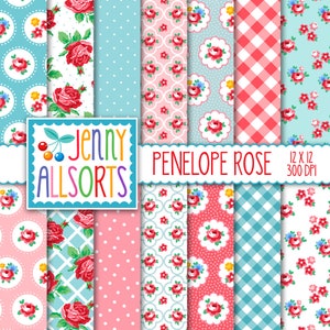 Papel digital Shabby Chic Penelope Rose - Rosa y aguamarina - para invitaciones, creación de tarjetas, scrapbooking digital