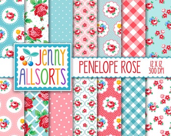 Shabby Chic Digital Paper Penelope Rose - Pink and Aqua  - for invites, card making, digital scrapbooking