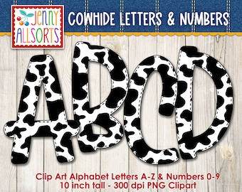 Cowhide Letters, Numbers for sublimation & design, digital cowboy clip art, western doodle black and white cow print alphabet, math symbols