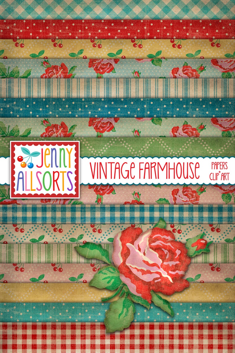 Vintage Farmhouse Digital Paper Set + Rose Clipart, 16 Shabby Chic ...