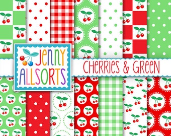 Cherries Red & Lime Green Digital Scrapbooking Paper Pack 14 printable pages, digital pattern tags cards invites background papercraft