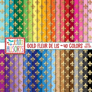 Papiers numériques fleur de lys dorés - lot de 40 couleurs, papier de scrapbooking Français doré imprimable, faux arrière-plans numériques métalliques et dorés