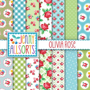 Shabby Chic Digital Paper Olivia Rose - Vintage Aqua, Lime and pink designs for invites, card making, digital scrapbooking and backgrounds