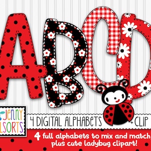 Pacchetto Ladybug 4-Alphabet per sublimazione e design, graziose lettere di coccinella, clip art di insetti digitali, lettere di doodle di album, clipart di coccinelle