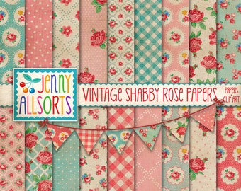 Vintage Shabby Rose Digital Paper Set + Clipart - 18 farmhouse cottage wallpaper patterns, faded worn shabby chic roses background designs