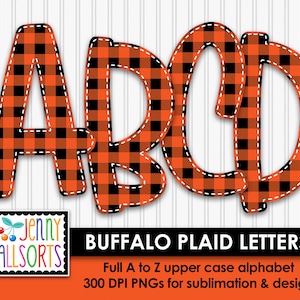 Buffalo Plaid Alphabet para sublimación y diseño, Buffalo Check clipart digital, clipbook de cabina negra naranja, letras garabateadas