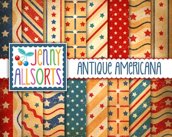 Pacchetto di carta digitale patriottica del 4 luglio, stile vintage americano antico, Memorial Day, sfondi per album digitali con stelle e strisce consumate