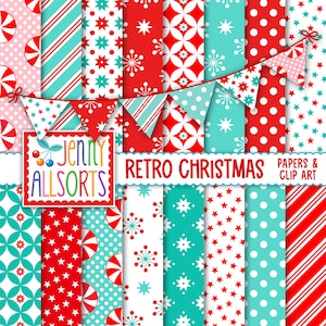 Retro Vintage Christmas Digital Scrapbook Paper + Matching Clipart, Red Aqua Mint Green - for holiday card making, digital scrapbooking