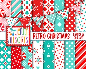 Retro Vintage Christmas Digital Scrapbook Paper + Matching Clipart, Red Aqua Mint Green - for holiday card making, digital scrapbooking