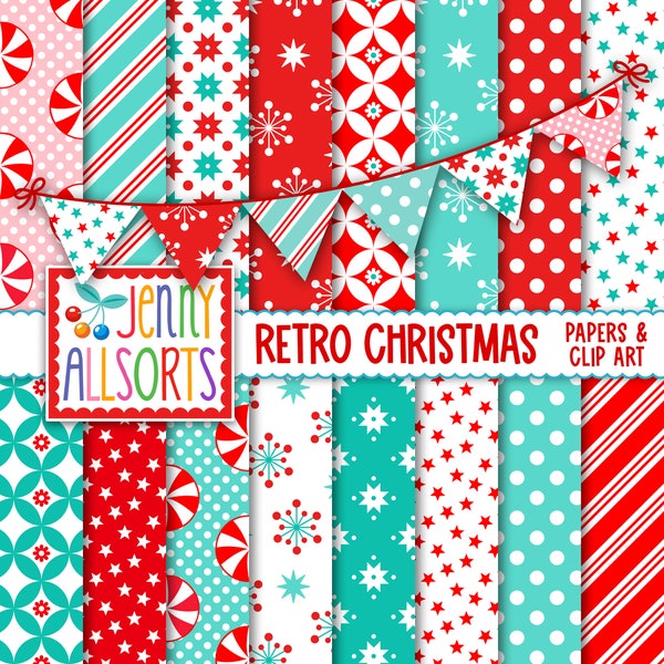 Retro Vintage Christmas Digital Scrapbook Paper + Matching Clipart, Red Aqua Mint Green - for holiday card making, digital scrapbooking