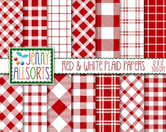 Red & White Digital Plaids Scrapbook Papers - red buffalo checks, gingham digital scrapbooking, woodsy country Christmas cabin background