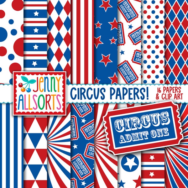 Circus Digital Paper & Clipart - red white blue printable graphic design patterns for invites, card making, digital scrapbooks, backgrounds