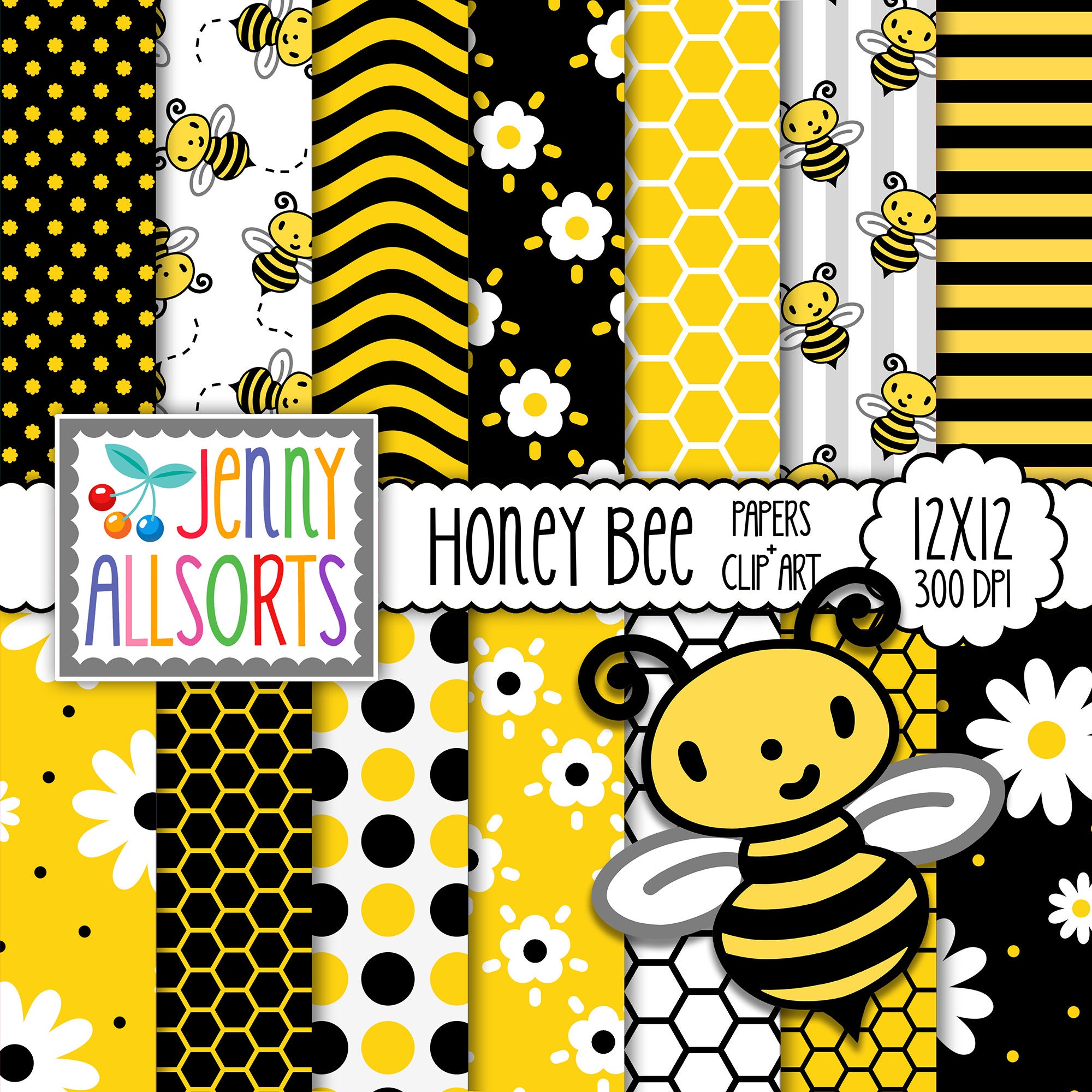 Bee Digital Paper, Honey Bee Digital Paper Set, Honeycomb Pattern Paper,  Summer Digital Paper, Gold Honeycomb Paper, Commercial Use 