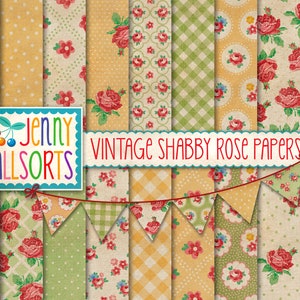 Vintage Shabby Rose Digital Paper Set + Clipart - 18 farmhouse cottage wallpaper patterns, faded worn shabby chic roses background designs