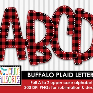 Alfabeto de cuadros escoceses de búfalo para sublimación y diseño, clipart digital de cuadros escoceses de búfalo, clip art de álbum de recortes de cabaña boscosa en rojo y negro, letras garabateadas