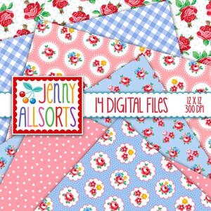 Shabby Chic Digital Paper Cecily Rose Pink and Baby Blue for invites, card making, digital scrapbooking image 2