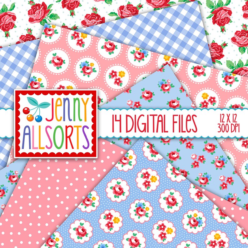 Shabby Chic Digital Paper Cecily Rose Pink and Baby Blue for invites, card making, digital scrapbooking image 2