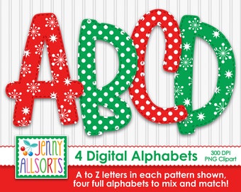 Christmas Alphabet bundle for sublimation & design, Classic red and green digital letters, Xmas Holiday doodle letters, digital background