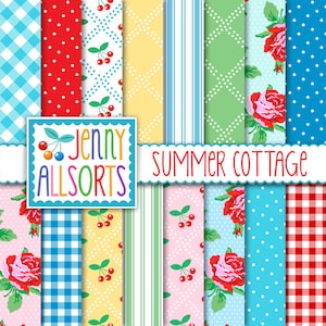 Farmhouse Cottage Digital Scrapbook Papers - vintage Colors, shabby roses stripes & gingham designs, backgrounds, digital download printable