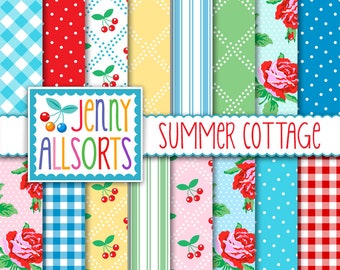 Farmhouse Cottage Digital Scrapbook Papers - vintage Colors, shabby roses stripes & gingham designs, backgrounds, digital download printable