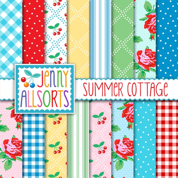 Farmhouse Cottage Digital Scrapbook Papers - vintage Colors, shabby roses stripes & gingham designs, backgrounds, digital download printable