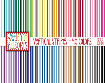 Stripes Digital Paper Bundle - 40 Colors, printable vertical stripe scrapbook paper pack, seamless narrow stripe digital background patterns