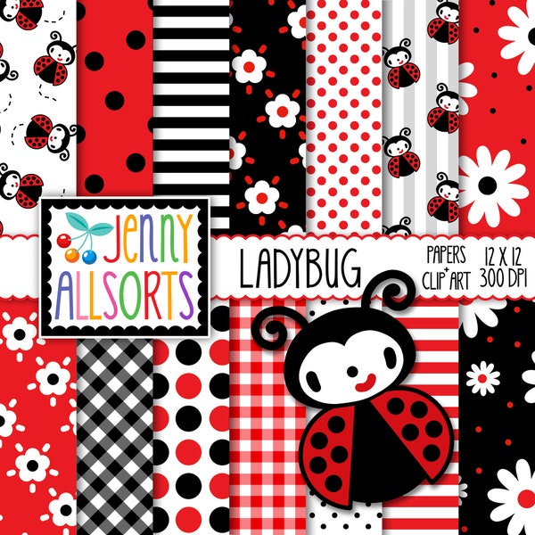 Ladybug Digital Scrapbook Paper & Ladybug Clip Art - Lady Bug Paper Pack, ladybug digital paper, ladybug pattern background, ladybug clipart