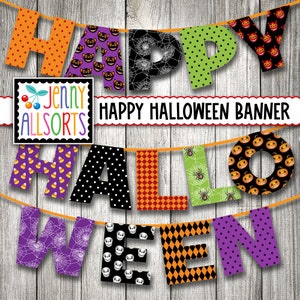 Banner imprimível de feliz Halloween - Sinal digital de Halloween, decoração de festa de Halloween, decoração DIY de Halloween, letras de quadro de avisos