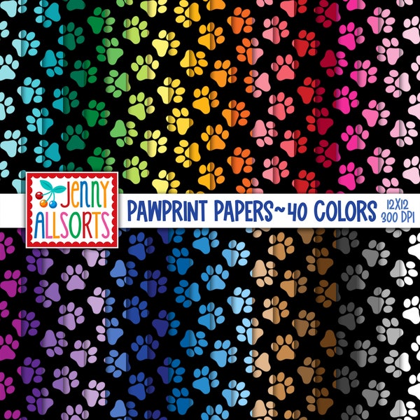 Paw Print Digital Paper Pack - 40 Colors on Black Bundle, printable puppy dog scrapbook paper, seamless animal paw print digital backgrounds