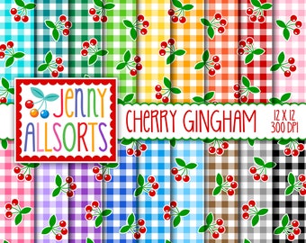 Cherry Gingham Digital Scrapbooking Paper Pack - farmhouse cottage cherries on gingham papers, Digital Cherry gingham, Digital backgrounds