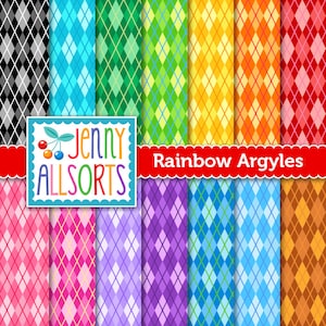Può includere: Un set di 12 motivi di carta digitale con disegni argyle in un arcobaleno di colori. I motivi sono senza cuciture e possono essere utilizzati per una varietà di progetti di artigianato. Il testo "Jenny Allsorts" e "Rainbow Argyles" è incluso nell'immagine.