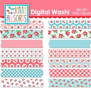 Shabby Chic Washi Tape digitale illustraties digitale download, Shabby Roses clipart digitale Washi Tape plakboek, roze aqua vintage cottage washi