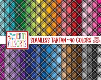 May include: A collection of 40 seamless tartan patterns in various colors, including blue, green, yellow, orange, red, pink, purple, and gray. The patterns are 12x12 inches and 300 DPI. The text "Jenny Allsorts Seamless Tartan ~40 Colors 12x12 300DPI" is displayed at the top of the image.