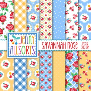 Carta digitale Shabby Chic Savannah Rose - Giallo Blu Rosa e Rosso - motivi a quadretti, punti e rose, disegni di sfondo per scrapbooking digitale