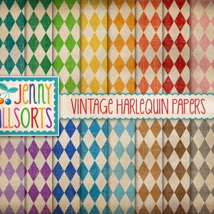 Paquet de papier numérique Harlequin vintage - motifs de losanges usés, papier de cirque rétro, papier de cirque vieilli vintage, fond de carnaval vintage