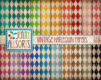 Vintage Harlequin Digital Paper Pack - worn diamond patterns, retro circus paper, vintage aged circus paper, vintage carnival background