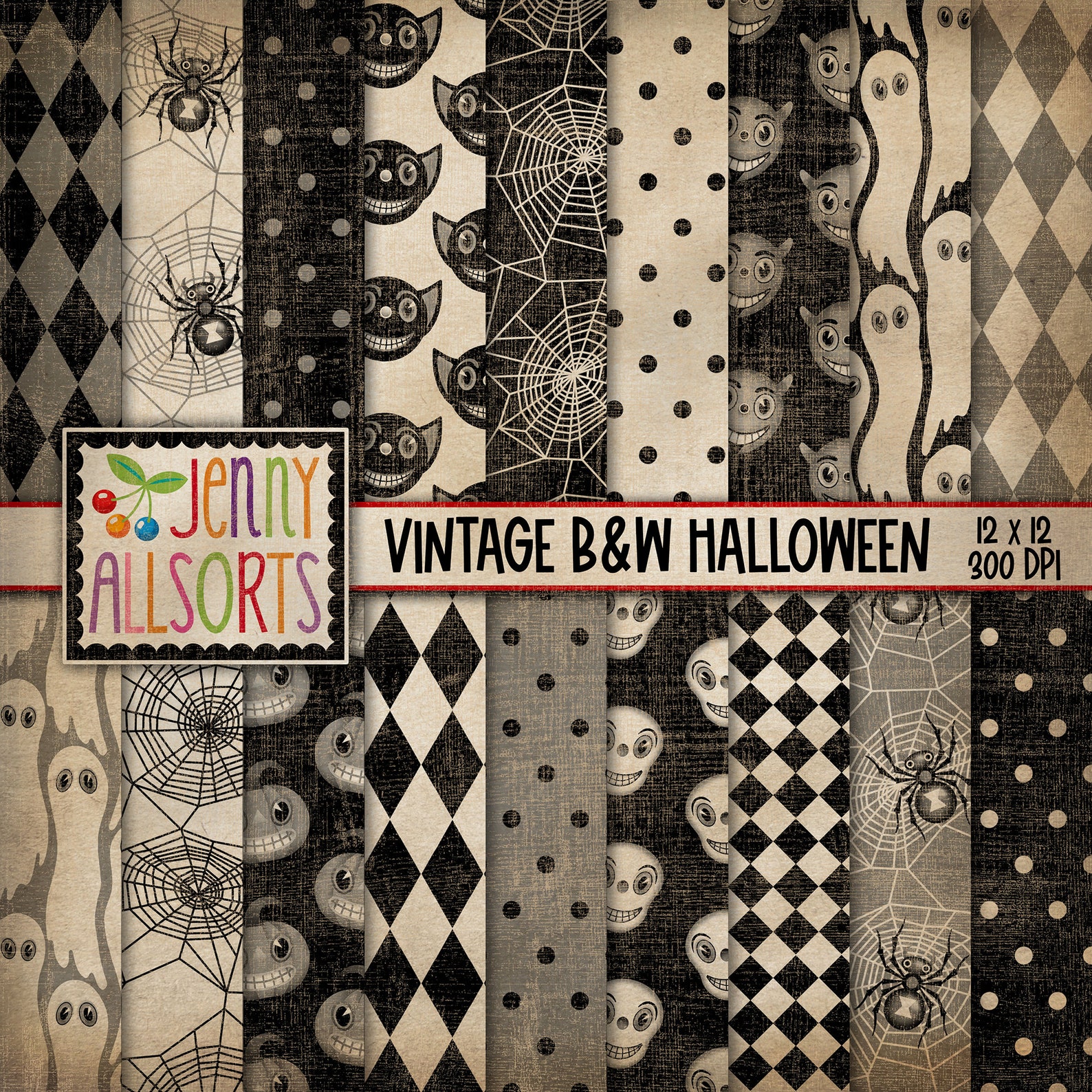 Vintage Halloween Digital Design Paper - Black & White Patterns, Retro ...
