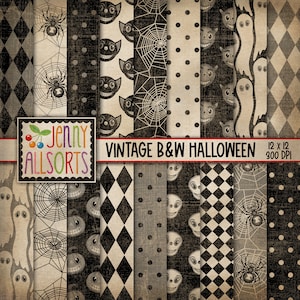 Vintage digitaal Halloween-ontwerppapier - zwarte en witte patronen, retro Halloween-plakboekpapier, verouderde versleten schedels, schedels, spinnenwebben