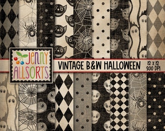 May include: A set of 12 digital papers featuring vintage Halloween designs in black and white. The designs include skulls, ghosts, spiders, pumpkins, and geometric patterns. The papers are 12 inches by 12 inches and 300 DPI.