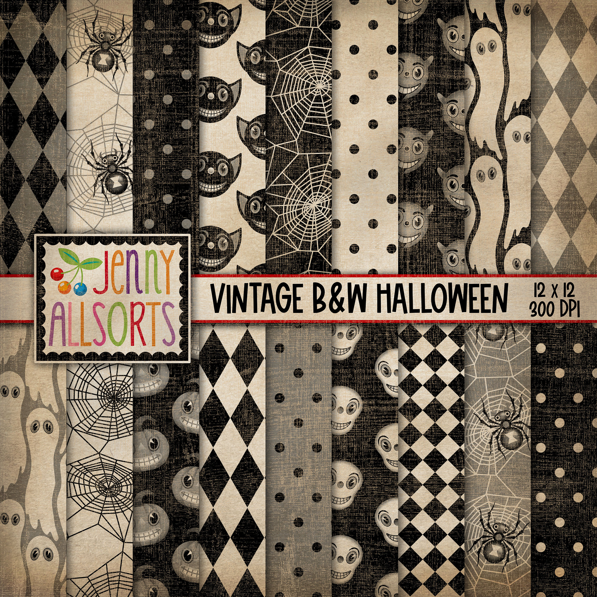 Vintage Halloween Digital Design Paper - Black & White Patterns, Retro ...