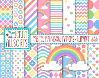 Rainbow Pastel Digital Papers + Pastel Rainbow Clipart - Printable graphic design backgrounds, digital rainbow, for nursery & baby showers