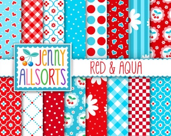 Red & Aqua Digital Scrapbook Papers - Digital Paper for invites, card making, digital scrapbooking, backgrounds, digital design printables